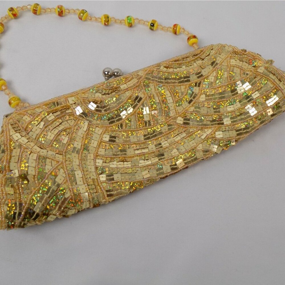 Gold Colored Sequin Clutch Purse Bag Beaded Handle Kissing Clasp Lined Strap - Picture 3 of 8